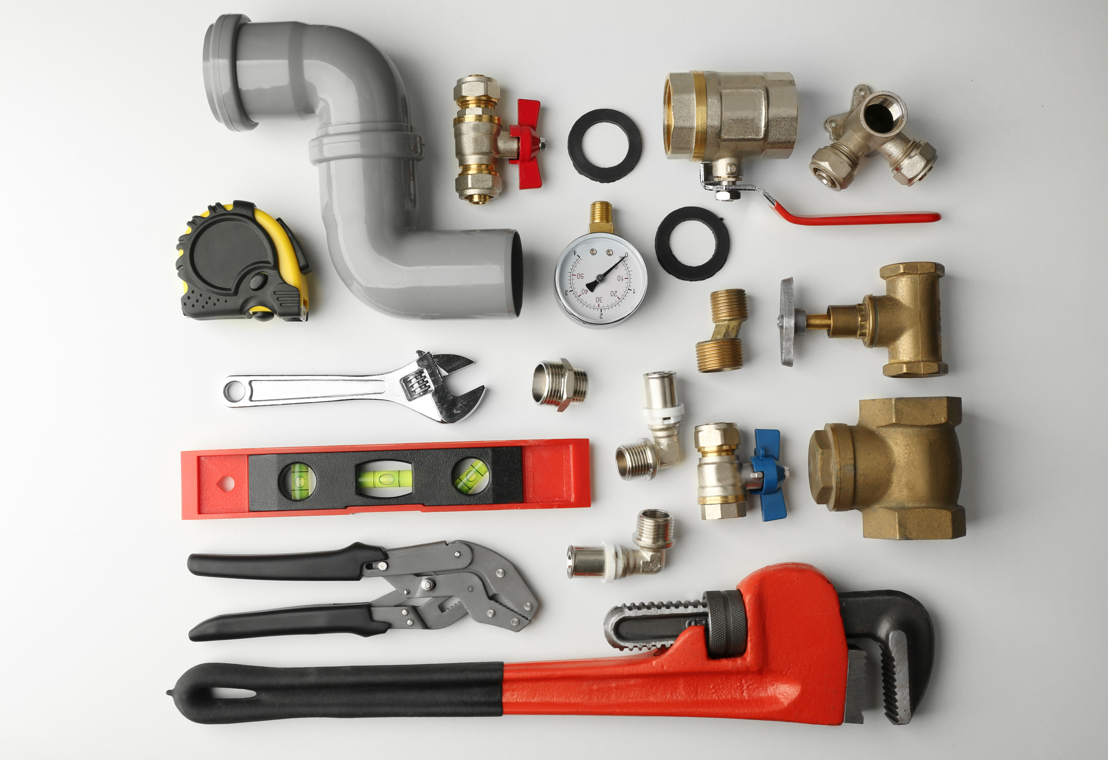 Plumber Tools on White Background Flatlay